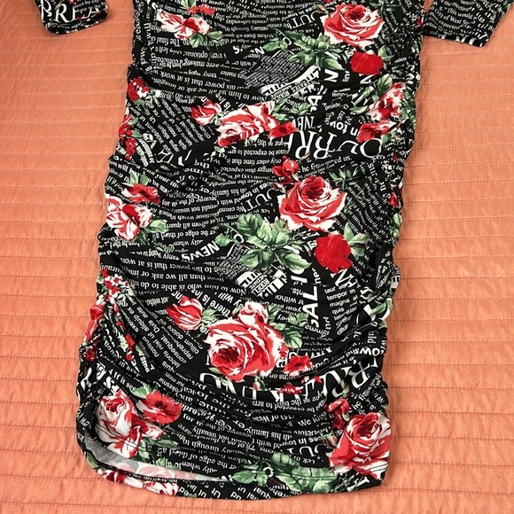 Almost Famous Black Floral Newsprint Long Sleeve Bodycon Dress size 1X - Picture 13 of 16